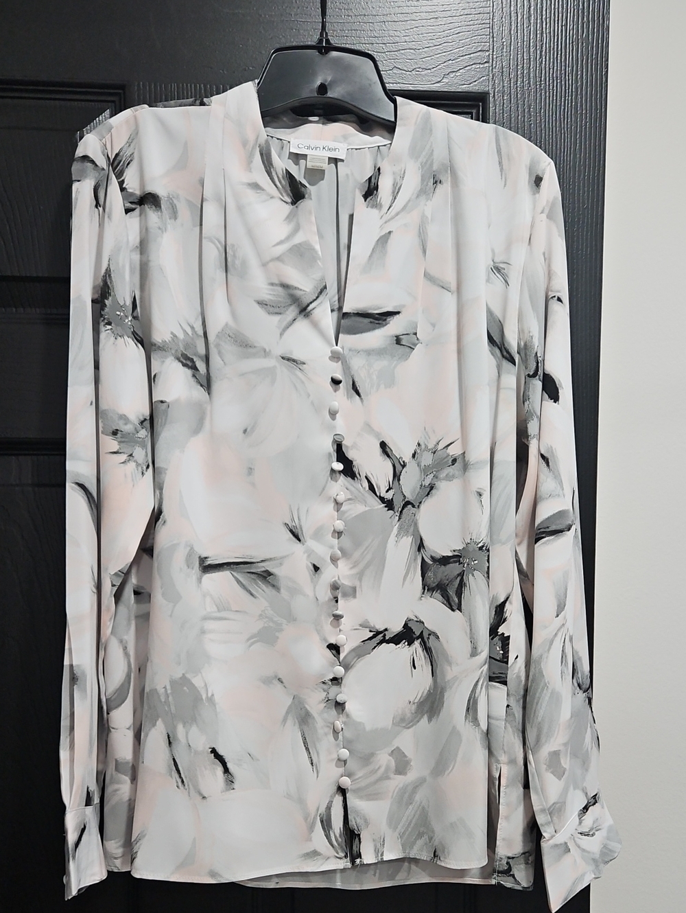 Calvin Klein Pale Pink and Gray Floral Button-Front Blouse